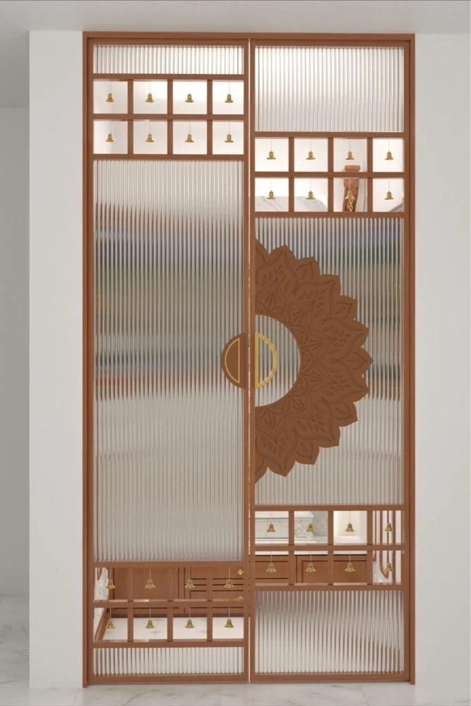 Premium Fluted Glass Mandir Door with Brass Bells & CNC Design