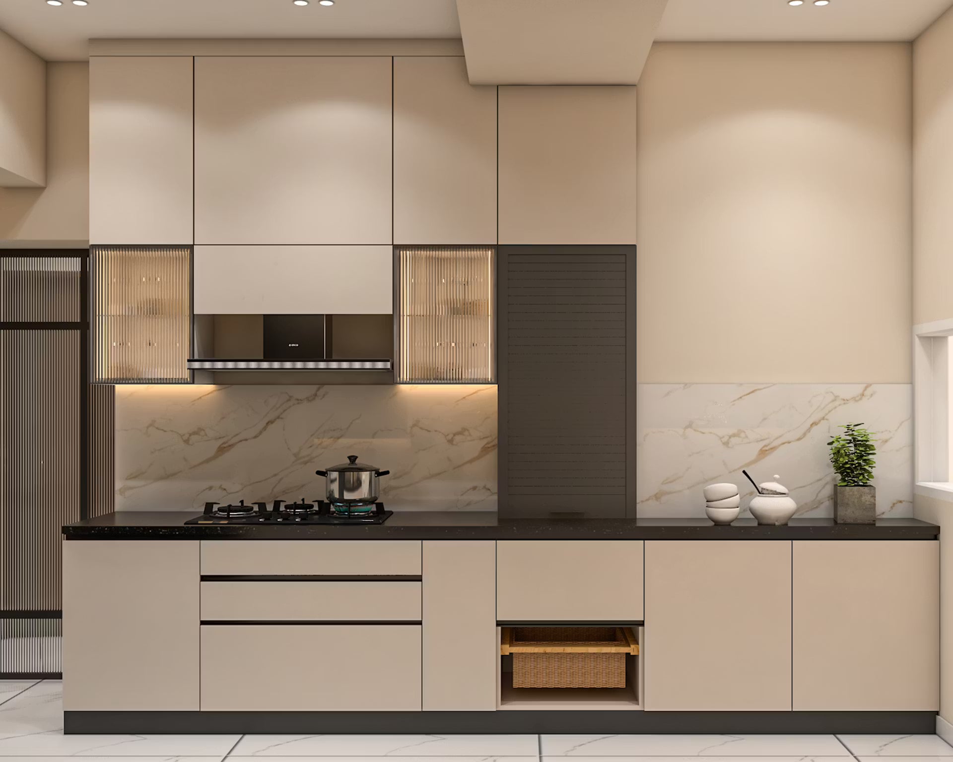 Modern Fluted Glass Kitchen Cabinet with Aluminium Profile