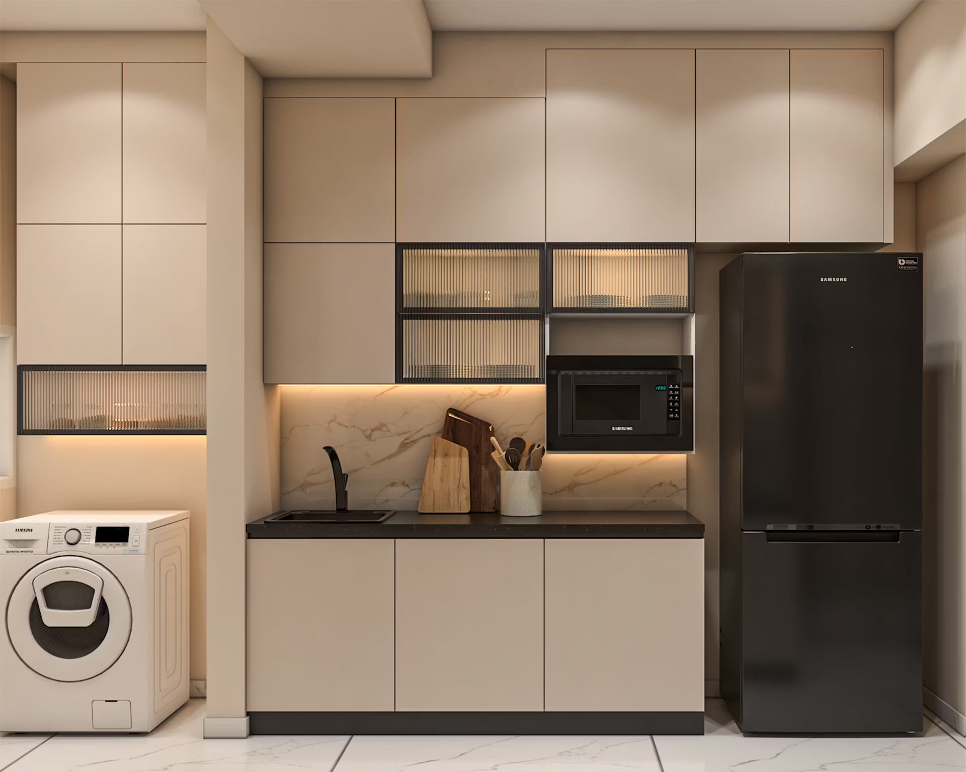 Modern Fluted Glass Kitchen Cabinet with Aluminium Profile