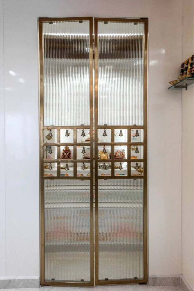Premium Fluted Glass Mandir Door with Brass Bells & CNC Design