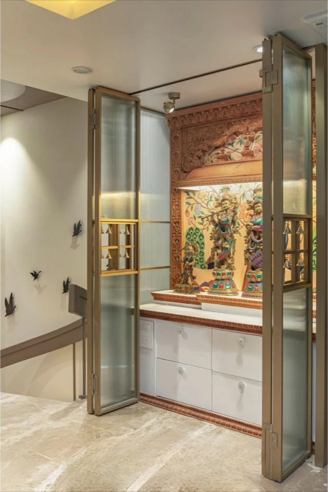 Premium Fluted Glass Mandir Door with Brass Bells & CNC Design
