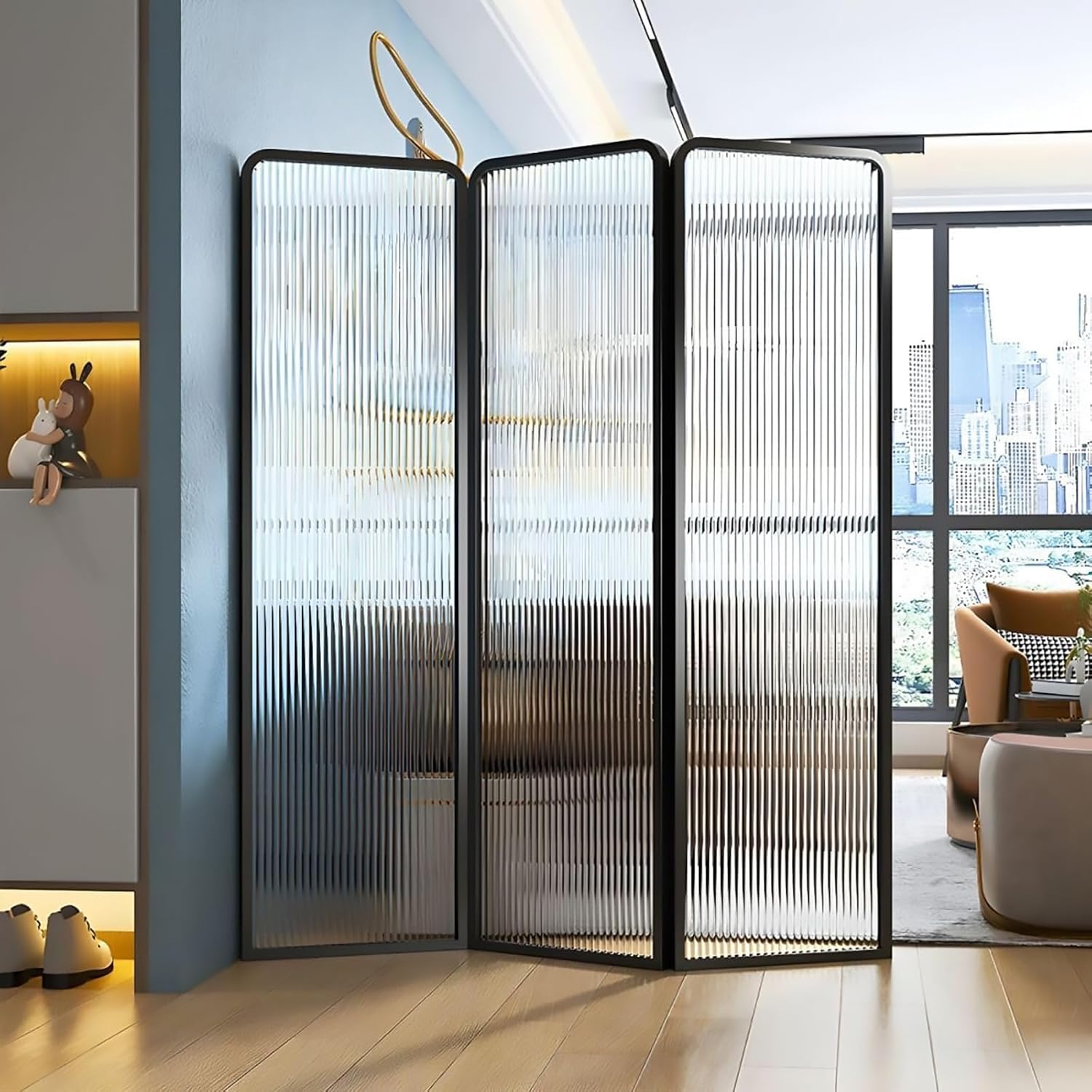 Modern Fluted Glass Folding Room Divider (Metal Frame Partition)