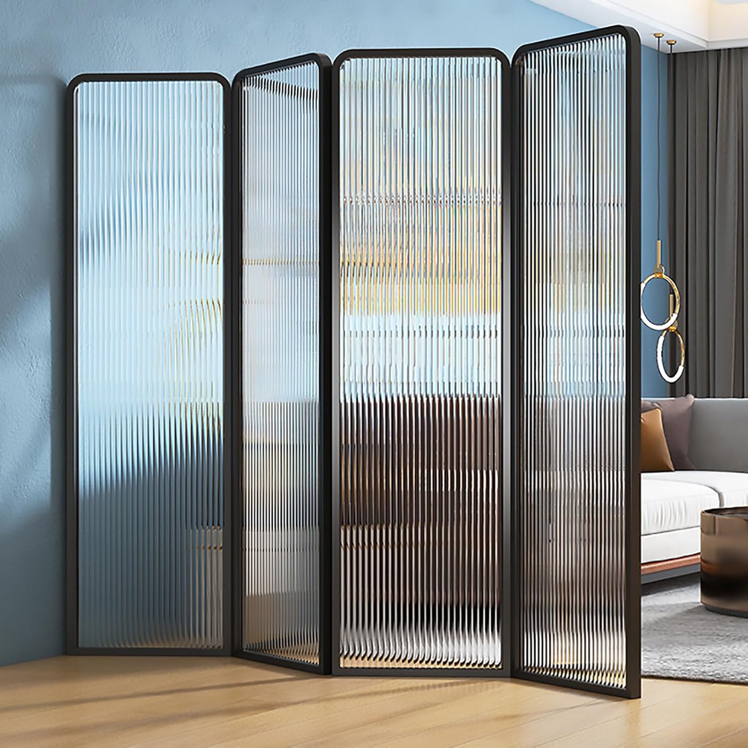 Modern Fluted Glass Folding Room Divider (Metal Frame Partition)