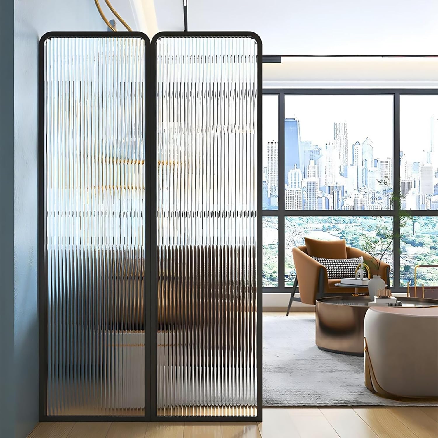 Modern Fluted Glass Folding Room Divider (Metal Frame Partition)