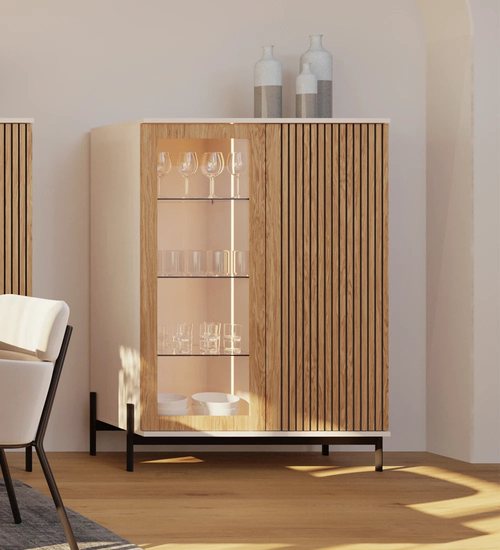 Premium Wooden Display Cabinet with Glass Door & Fluted Slat Design