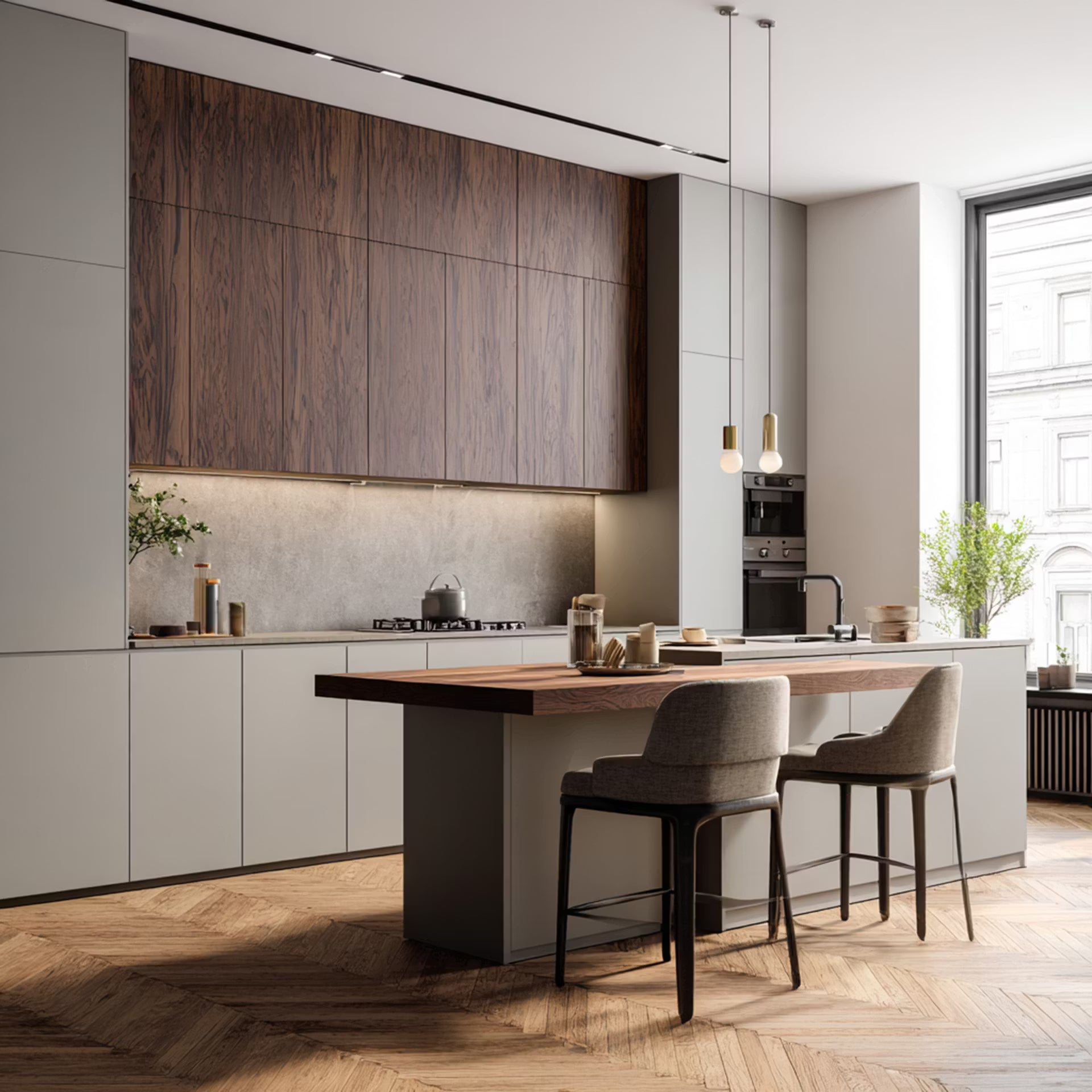 Luxury Island Modular Kitchen with Quartz Countertop & Walnut Finish