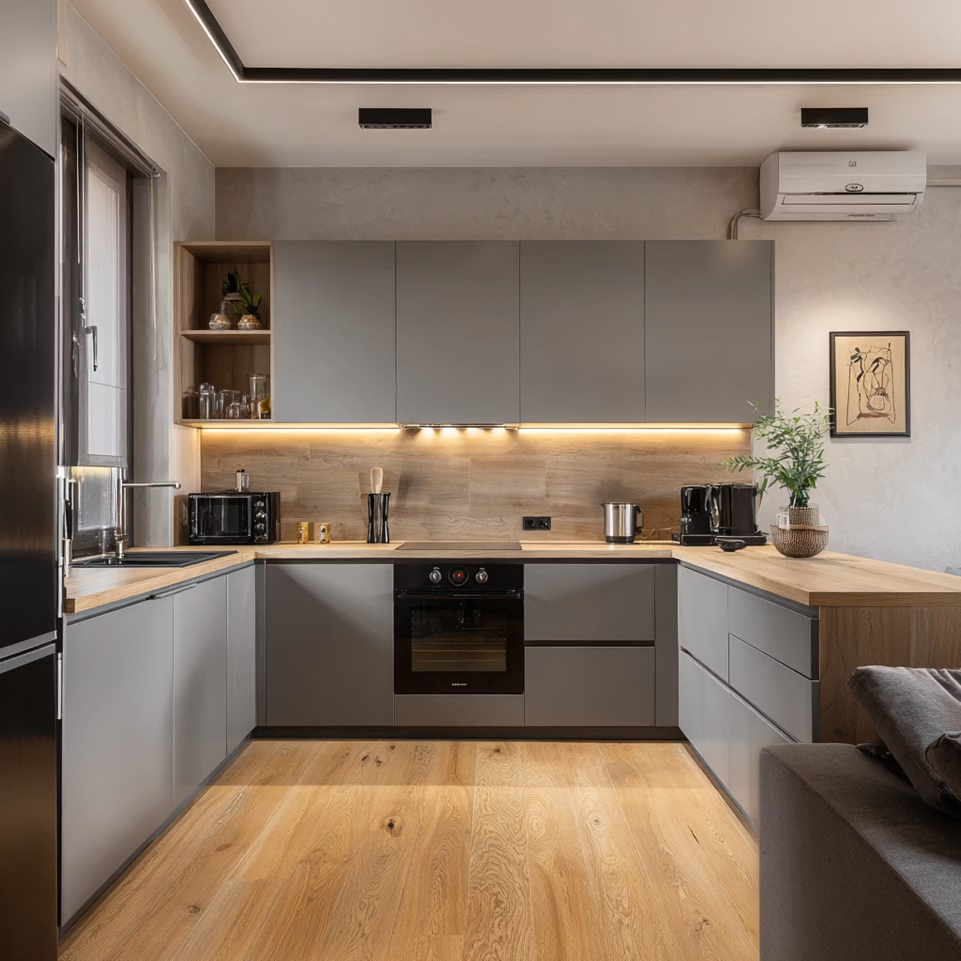 Grey U-Shaped Modular Kitchen with Wooden Countertop (Modern Design)