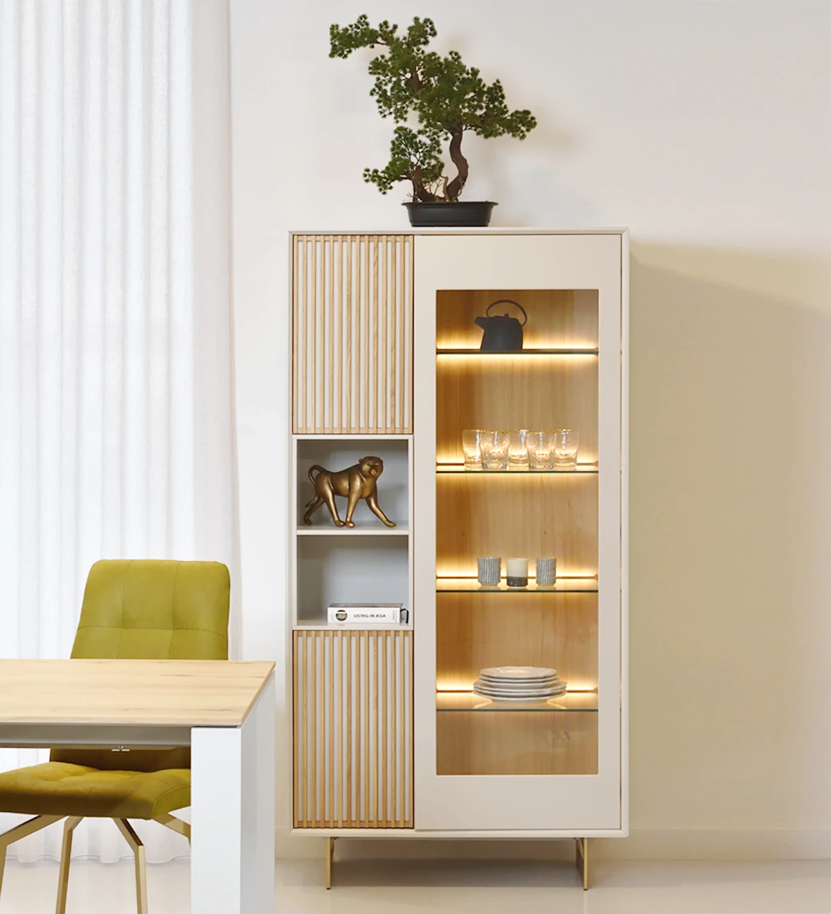 Luxury Crockery Display Cabinet with LED Lighting & Fluted Panels