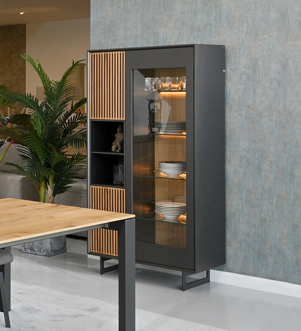 Modern Glass Display Cabinet with Fluted Panel & LED Lighting