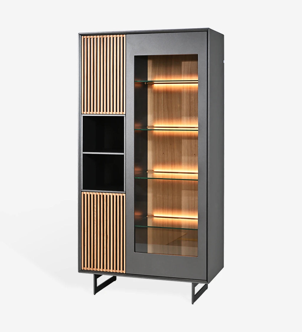 Modern Glass Display Cabinet with Fluted Panel & LED Lighting